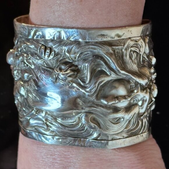 Art Nouveau Sterling Silver 925 Cuff Bracelet Lady Face Floral Alphonse Mucha - Picture 3 of 9